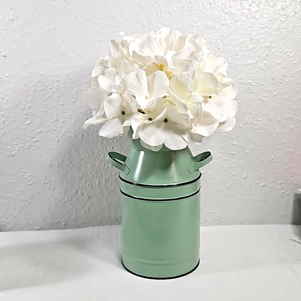 mint color metal milk jar with Hydrangea